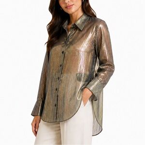 Milly Silk  Metallic Black and Gold Button-Up Shirt Long Sleeve Subtle Sheer 10